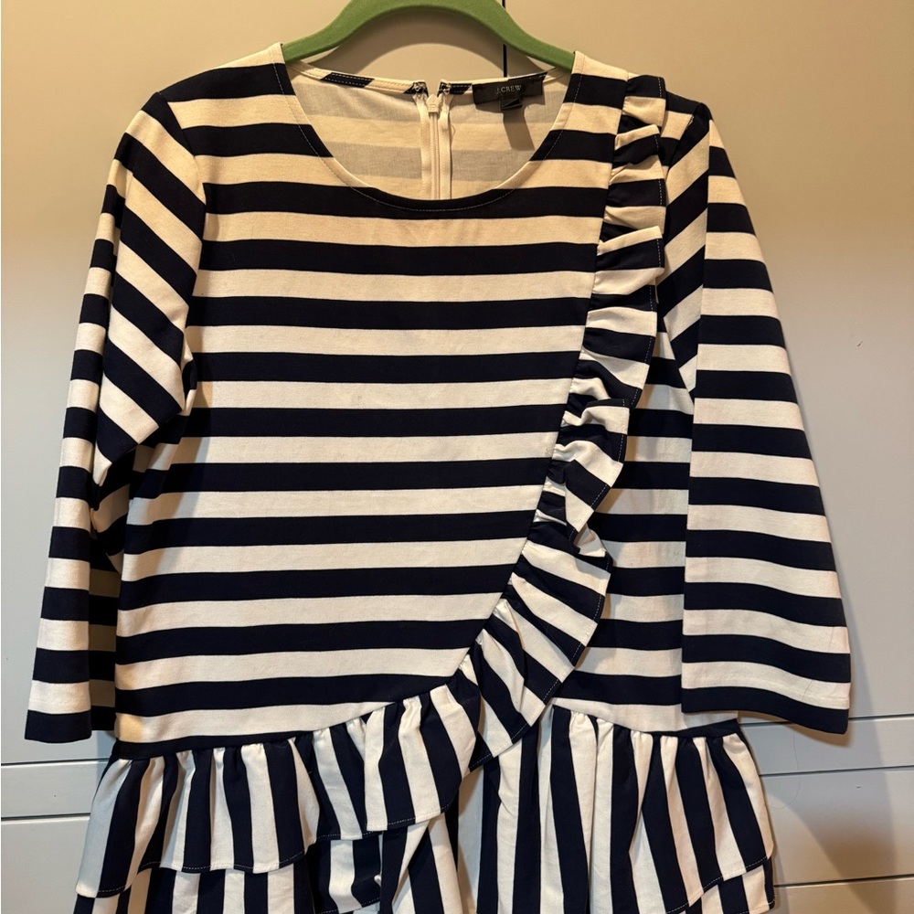 J. Crew Navy and Cream Striped Dress with Ruffles